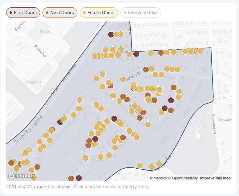 A farmPogo farm map ranking every door — First, Next and Future Doors marked across the neighbourhood